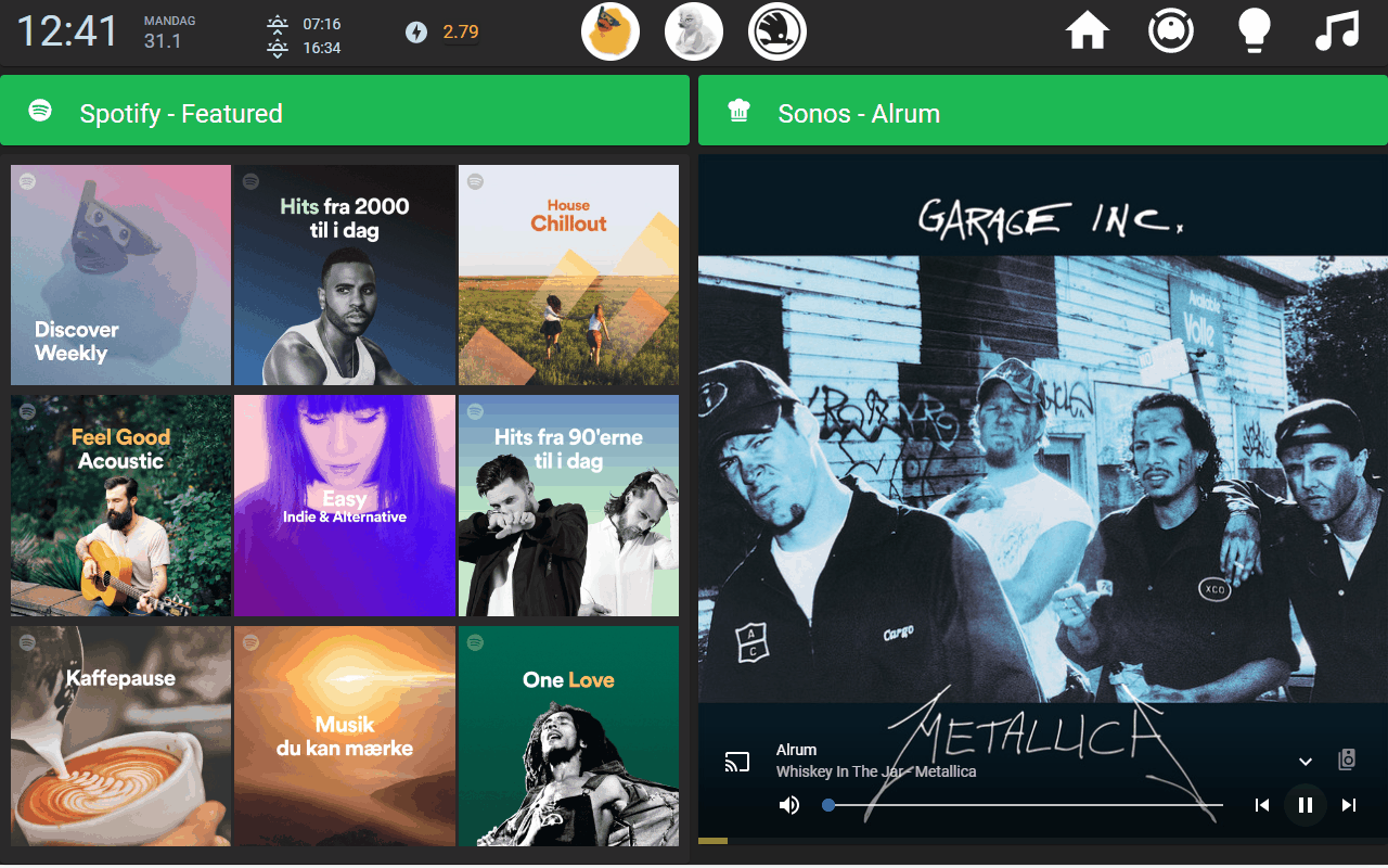 Dashboard til afspilning af Spotify musik på Sonos højtalere