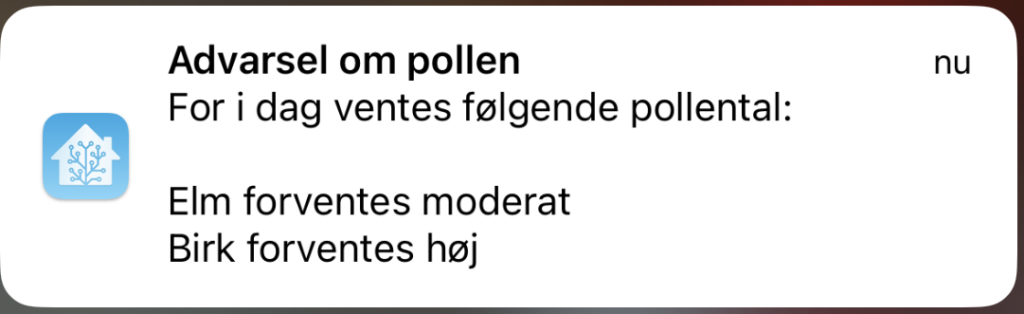 Eksempel på notifikation med advarsel om høje og moderate pollental