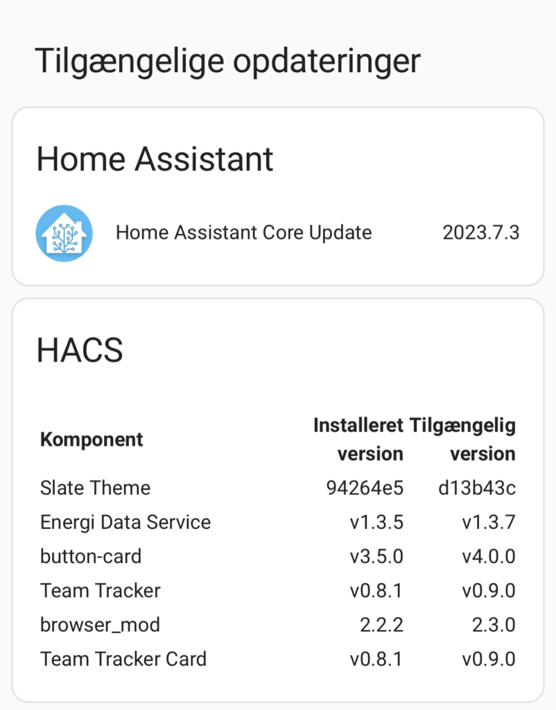 Oversigt over tilgængelige opdateringer i HA og HACS