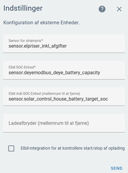 Konfiguration af EV Smart Charging integrationen